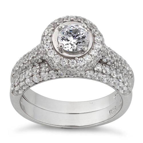 Sterling Silver Halo Round CZ Engagement Set Ring