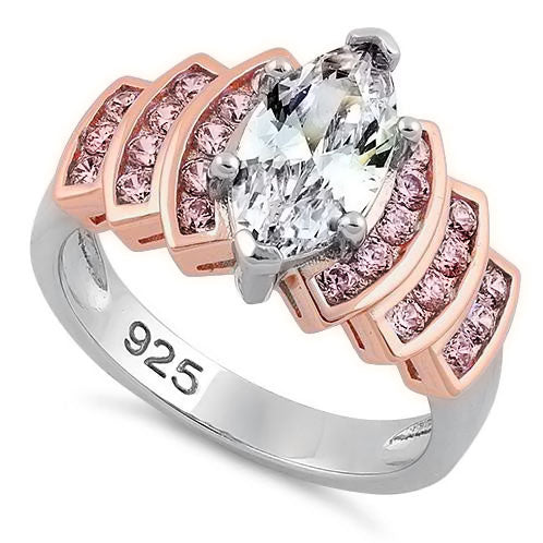 Sterling Silver Two Tone Rose Gold Marquise Engagement Clear & Pink CZ Ring