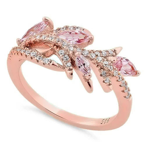 Sterling Silver Rose Gold Plated Vine Leaves Pink CZ Ring