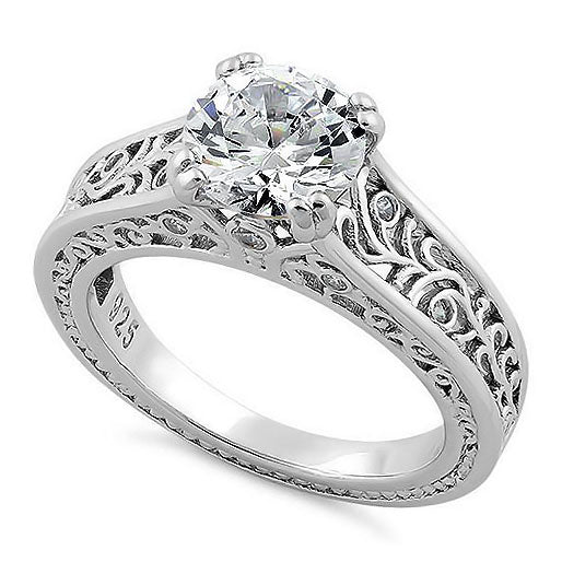 Sterling Silver Filigree Round CZ Ring