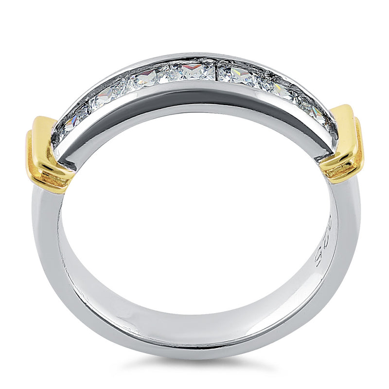Sterling Silver Men's Two Tone Yellow Gold Wedding Band CZ Ring