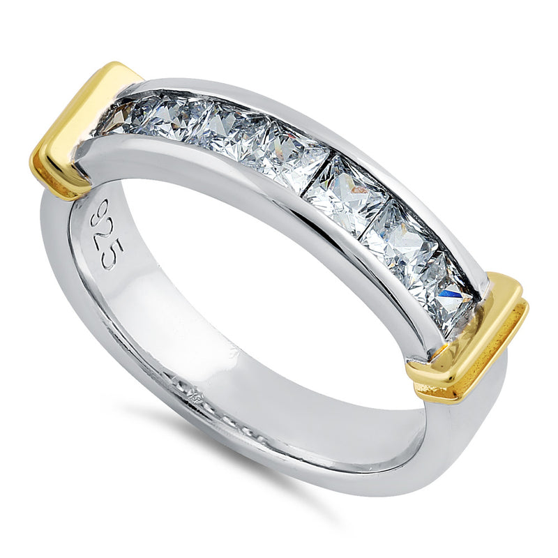 Sterling Silver Men's Two Tone Yellow Gold Wedding Band CZ Ring