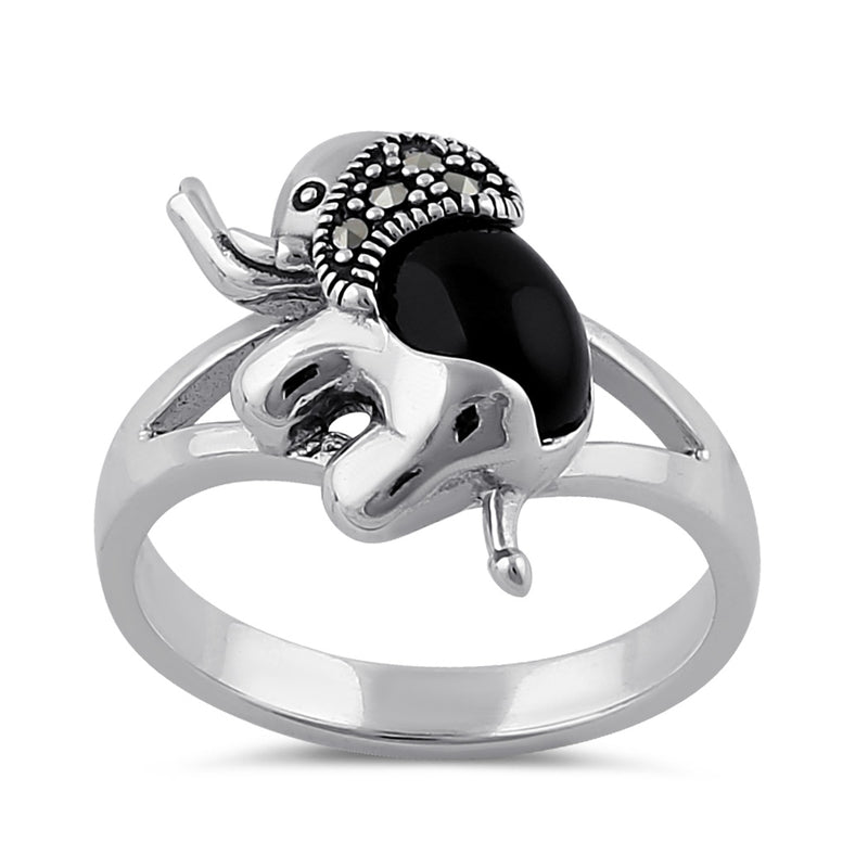 Sterling Silver Black Onyx Elephant Marcasite Ring
