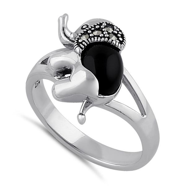 Sterling Silver Black Onyx Elephant Marcasite Ring