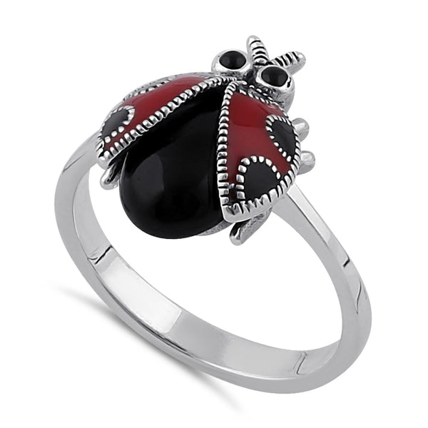 Sterling Silver Black Onyx and Enamel Ladybug Marcasite Ring