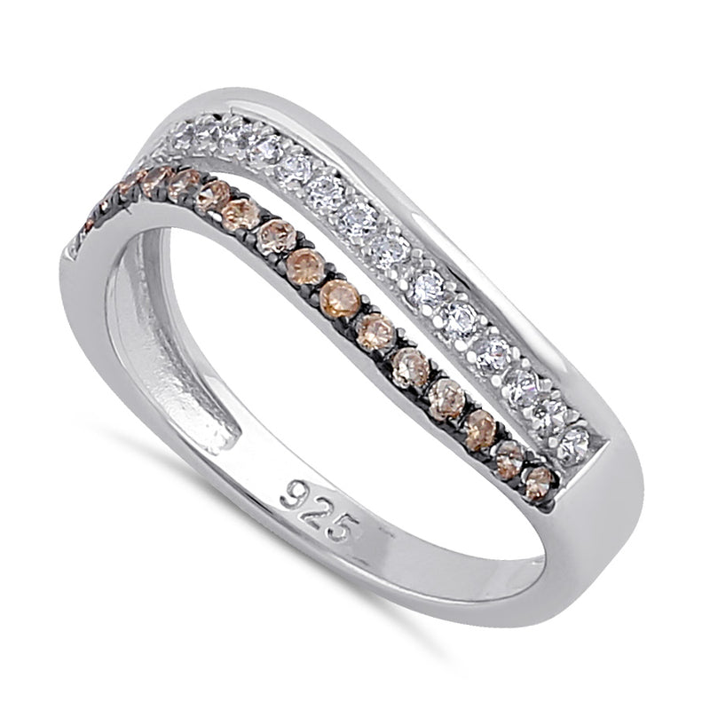 Sterling Silver Champagne and Clear CZ Curved Ring