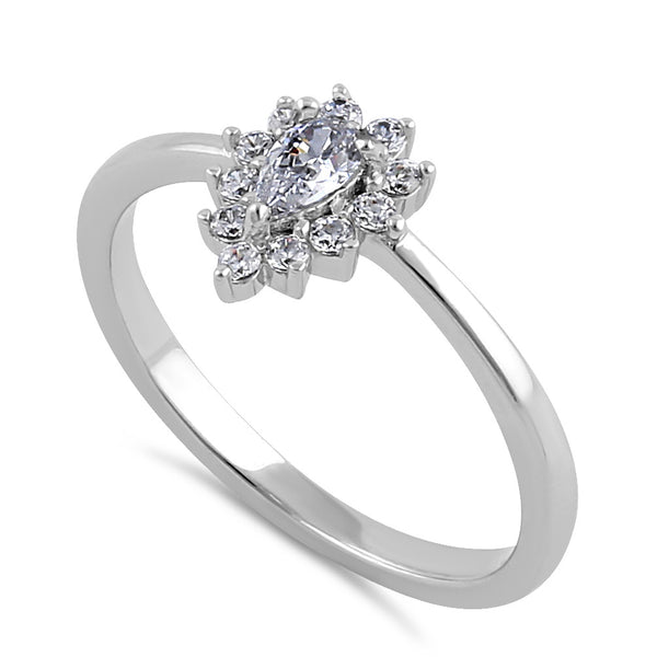 Sterling Silver Clear CZ Dainty Pear Halo RIng