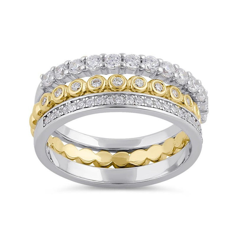 Sterling Silver Triple Stack with Single Gold Plated Clear CZ Rings