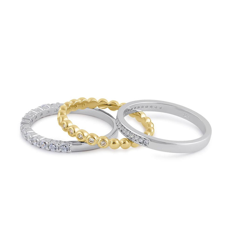Sterling Silver Triple Stack with Single Gold Plated Clear CZ Rings
