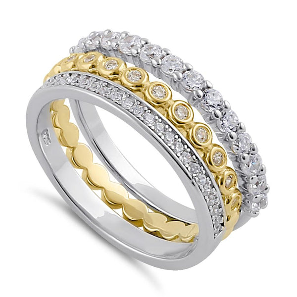 Sterling Silver Triple Stack with Single Yellow Plated Clear CZ Rings