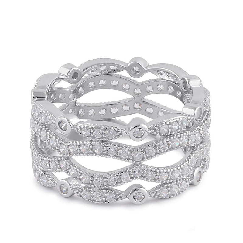 Sterling Silver Clear CZ Quad Stack Wave Ring