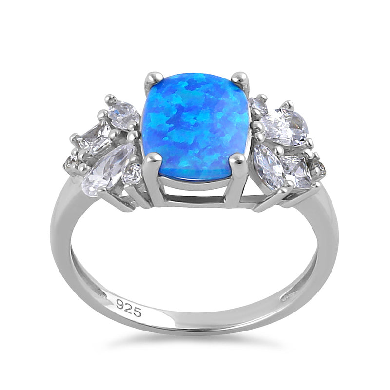 Sterling Silver Elegant Squoval Blue Lab Opal with Clear CZ Ring