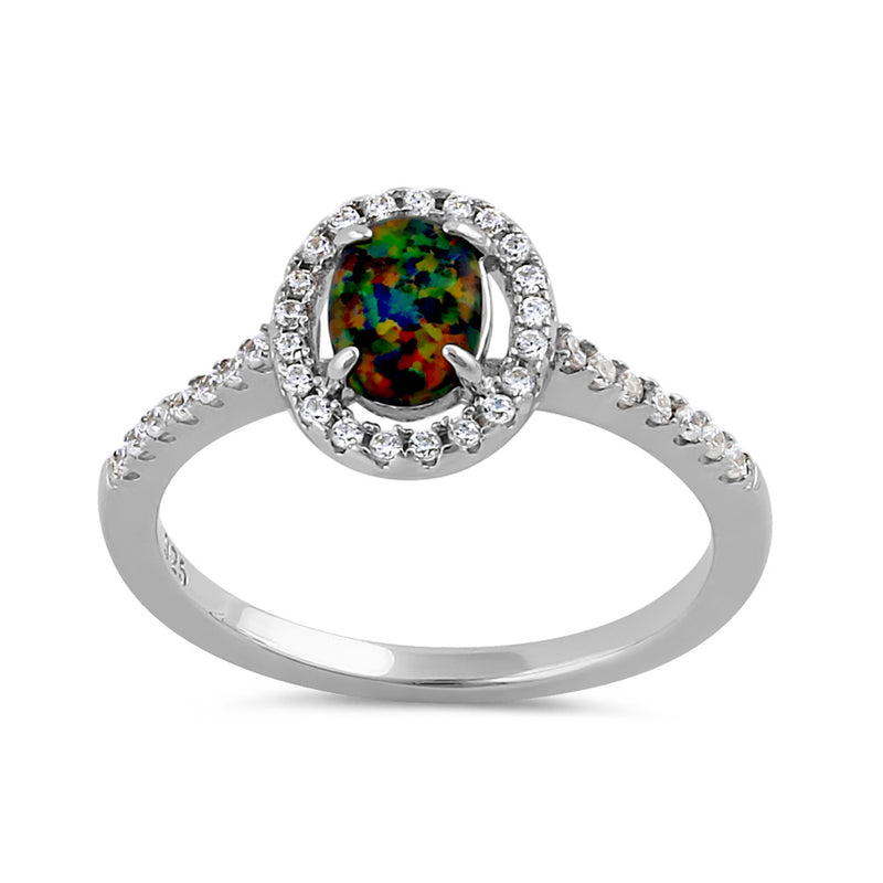 Sterling Silver Black Lab Opal and Clear CZ Oval Halo Ring