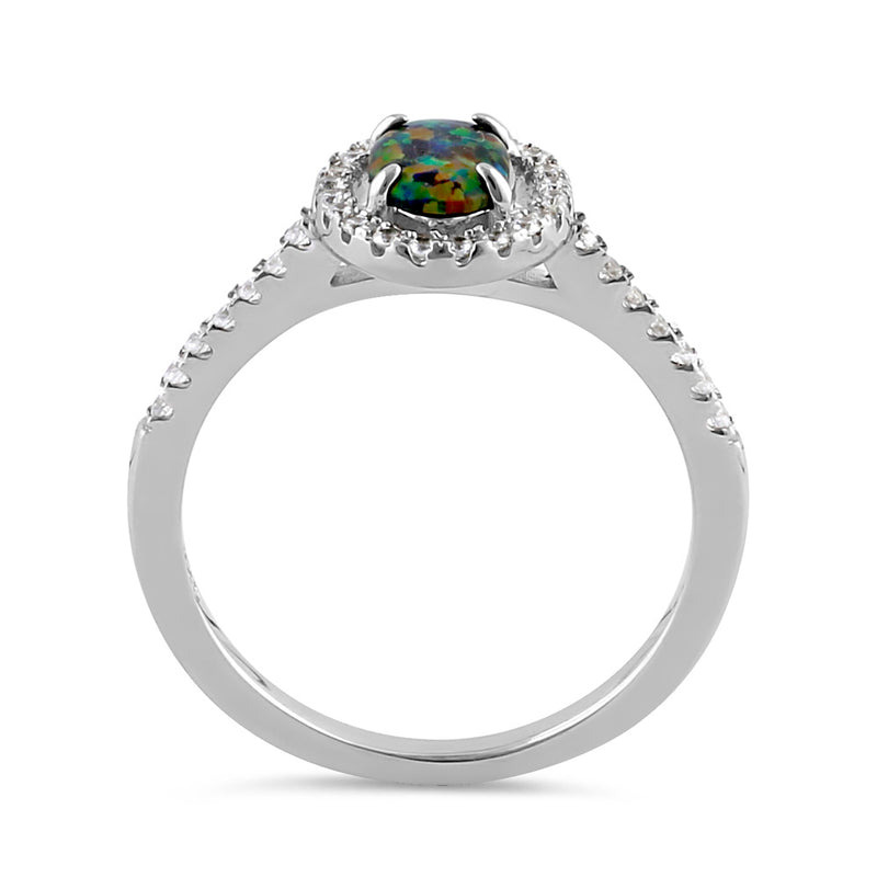 Sterling Silver Black Lab Opal and Clear CZ Oval Halo Ring