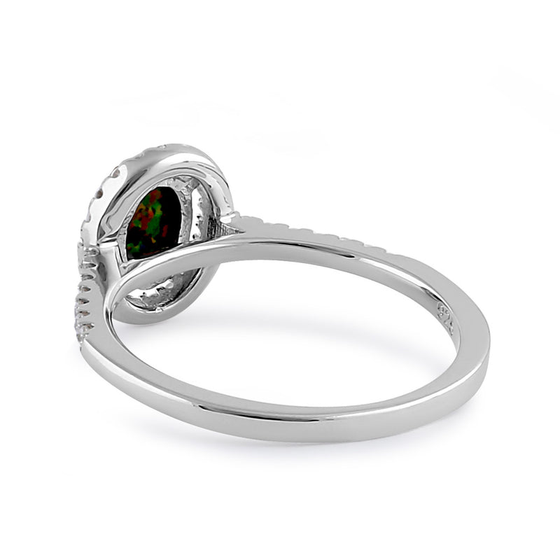 Sterling Silver Black Lab Opal and Clear CZ Oval Halo Ring