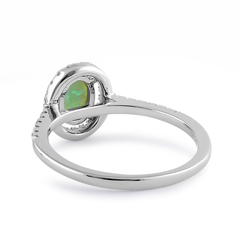 Sterling Silver Green Lab Opal and Clear CZ Oval Halo Ring