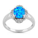 Sterling Silver Elegant Blue Lab Opal Oval Flower Halo CZ Ring