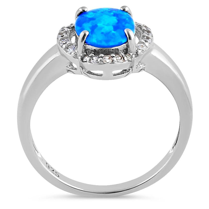 Sterling Silver Elegant Blue Lab Opal Oval Flower Halo CZ Ring