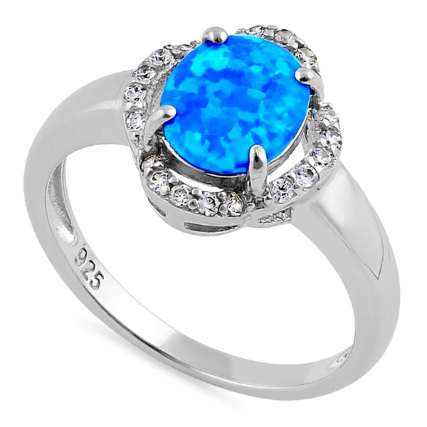 Sterling Silver Elegant Blue Lab Opal Oval Flower Halo CZ Ring