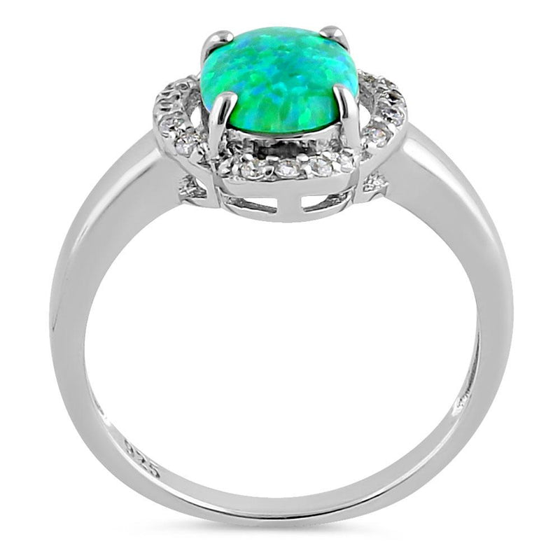 Sterling Silver Elegant Green Lab Opal Oval Flower Halo CZ Ring