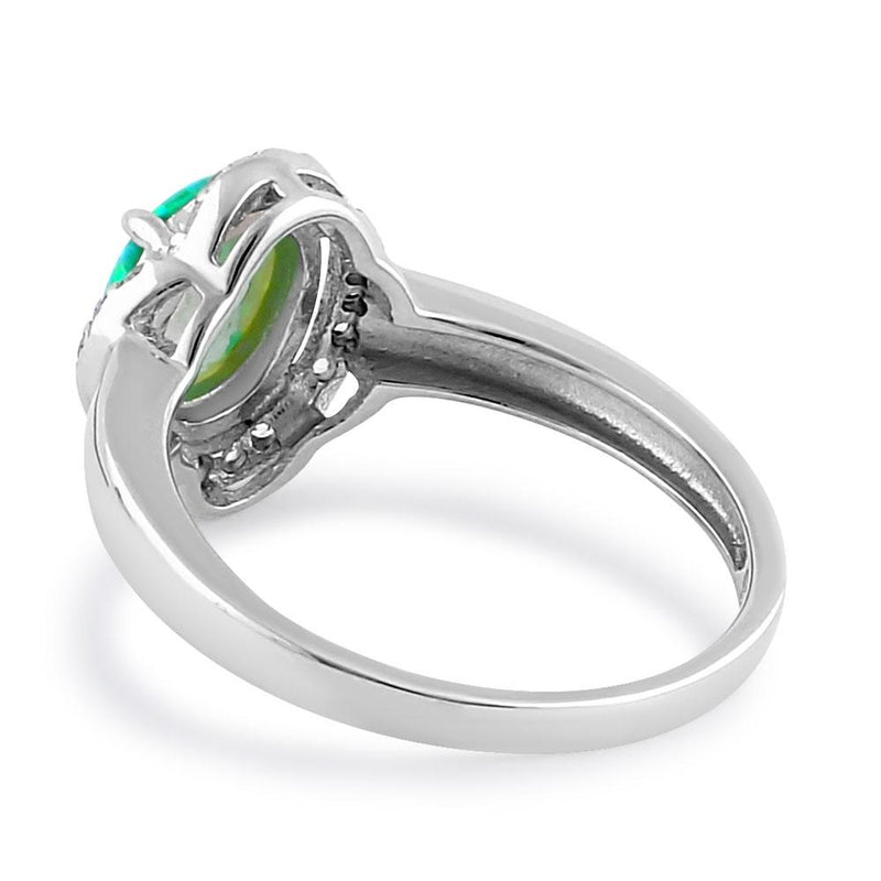 Sterling Silver Elegant Green Lab Opal Oval Flower Halo CZ Ring