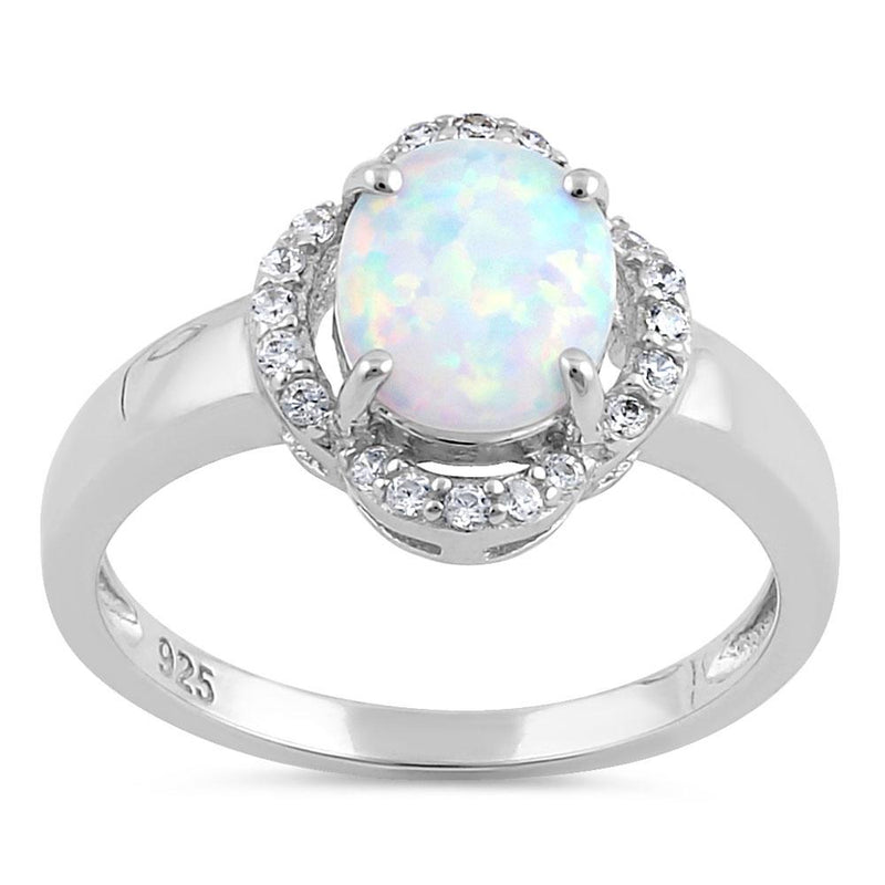 Sterling Silver Elegant White Lab Opal Oval Flower Halo CZ Ring