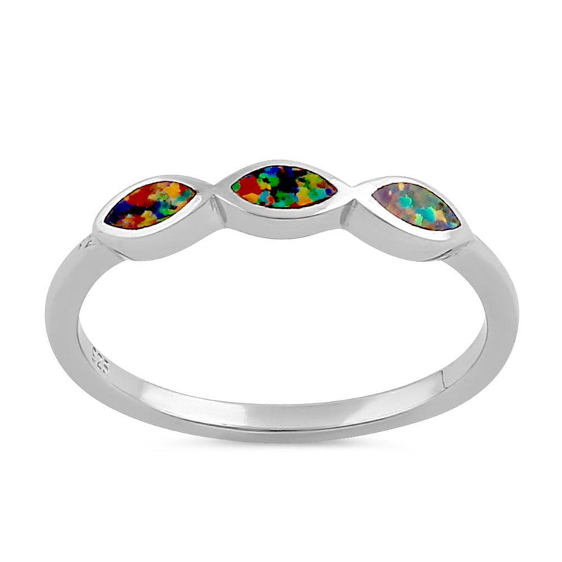 Sterling Silver Triple Marquise Black Lab Opal Ring