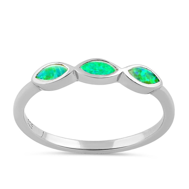 Sterling Silver Triple Marquise Green Lab Opal Ring
