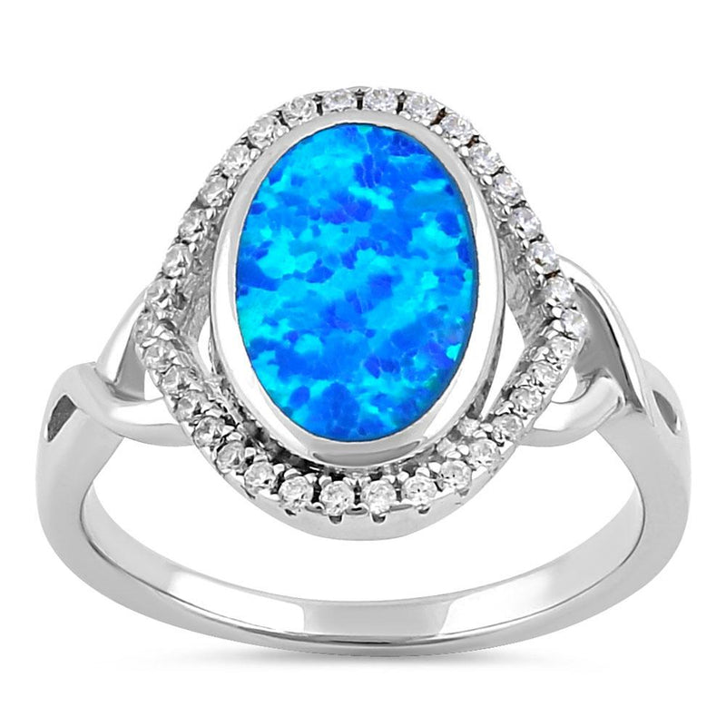 Sterling Silver Blue Lab Opal Oval Halo CZ Ring