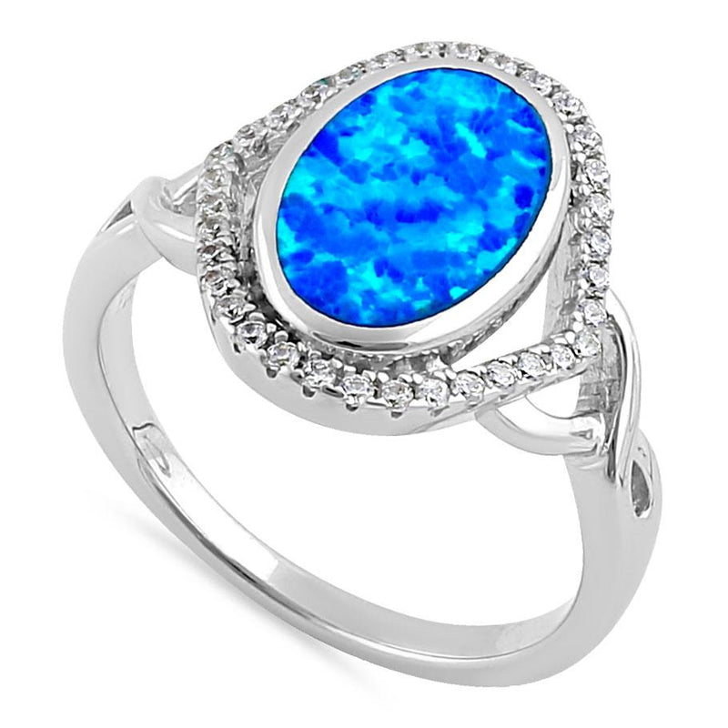 Sterling Silver Blue Lab Opal Oval Halo CZ Ring