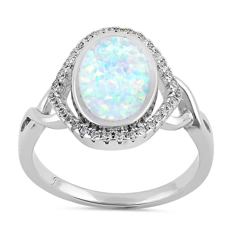 Sterling Silver White Lab Opal Oval Halo CZ Ring