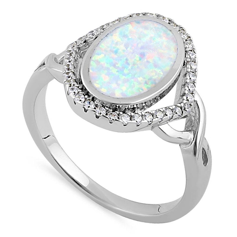 Sterling Silver White Lab Opal Oval Halo CZ Ring