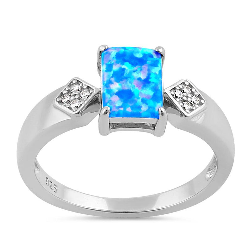 Sterling Silver Elegant Blue Lavender Lab Opal Rectangle CZ Ring