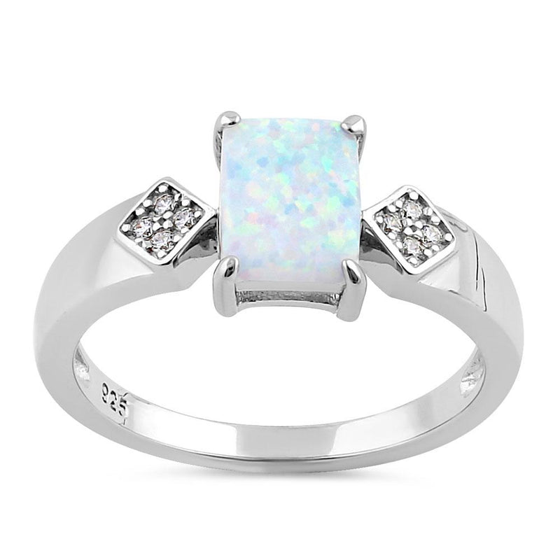 Sterling Silver Elegant White Lab Opal Rectangle CZ Ring