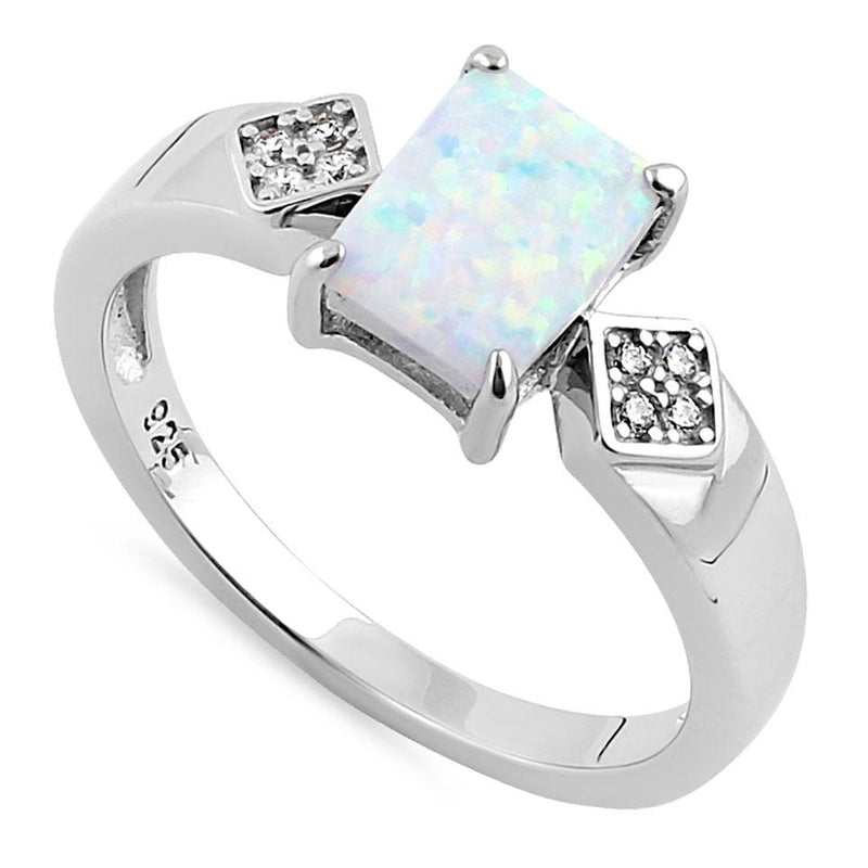 Sterling Silver Elegant White Lab Opal Rectangle CZ Ring