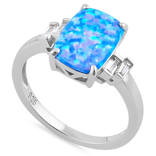 Sterling Silver Blue Lavender Lab Opal Rectangular Ring