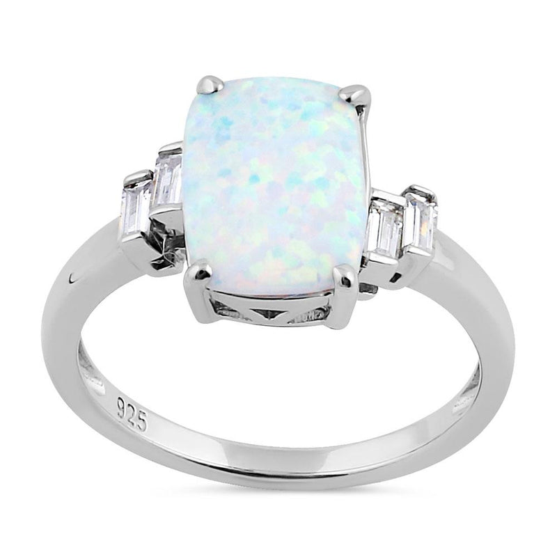 Sterling Silver White Lab Opal Rectangular Ring