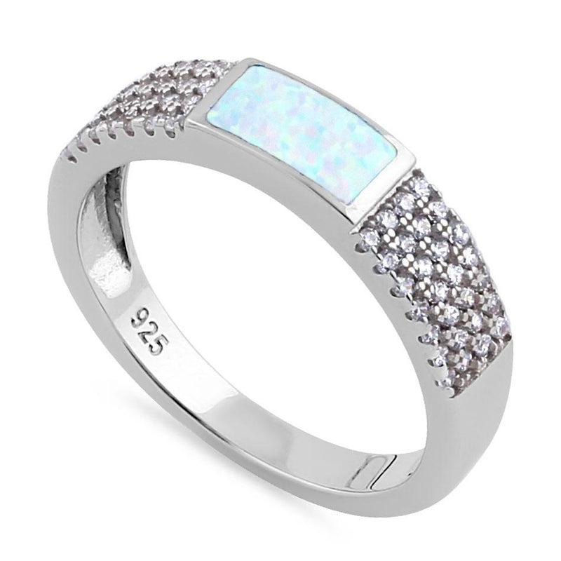 Sterling Silver White Lab Opal Center CZ Band Ring