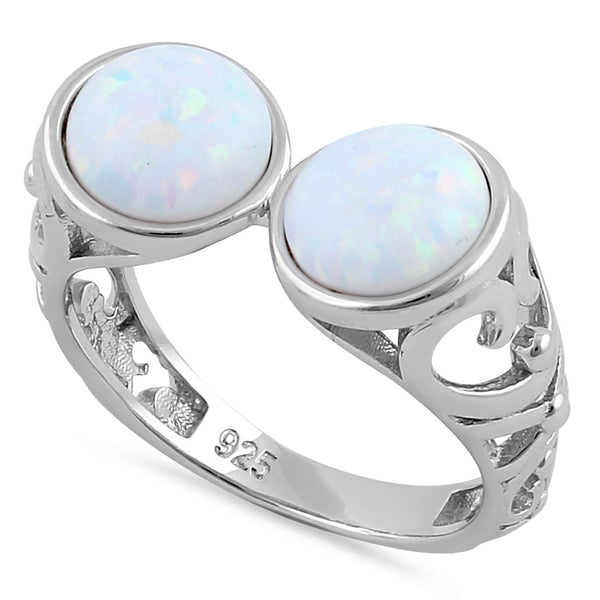 Sterling Silver Filigree White Lab Opal Double Sphere Ring