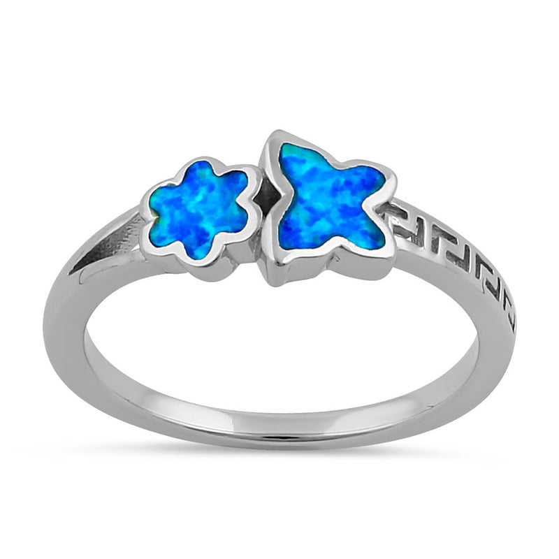 Sterling Silver Blue Lab Opal Greek Butterfly Flower Ring