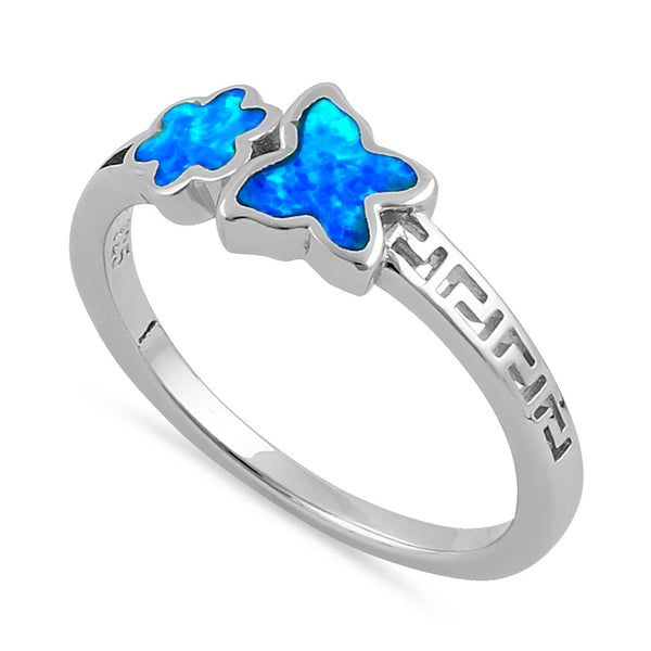 Sterling Silver Blue Lab Opal Greek Butterfly Flower Ring