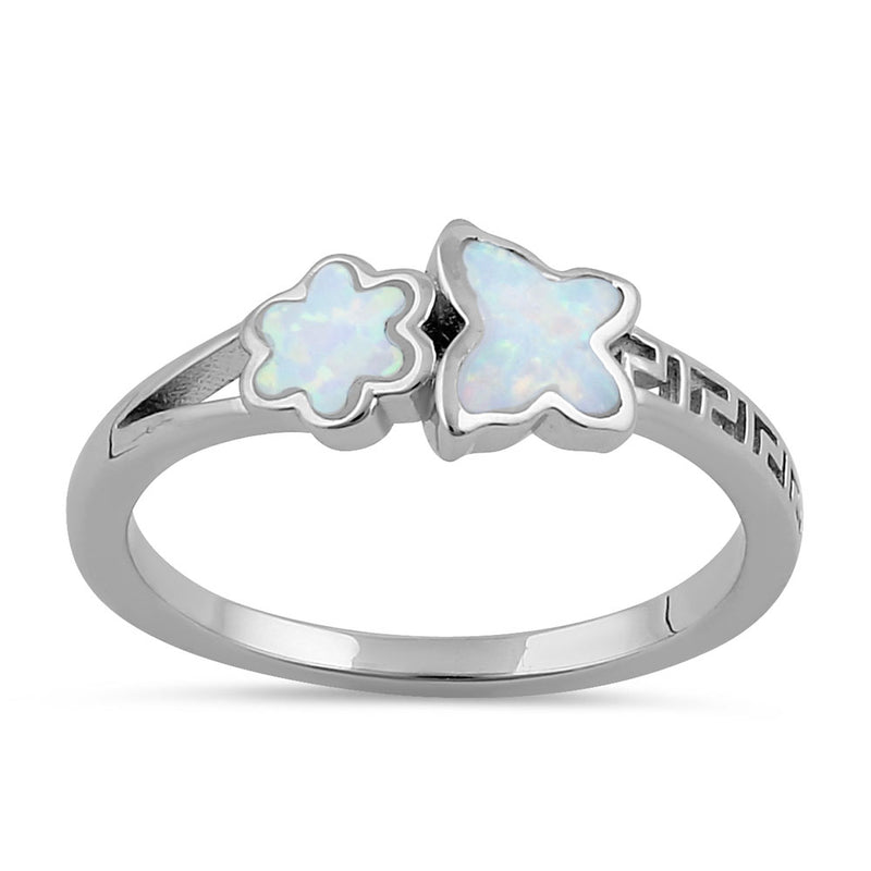 Sterling Silver White Lab Opal Greek Butterfly Flower Ring