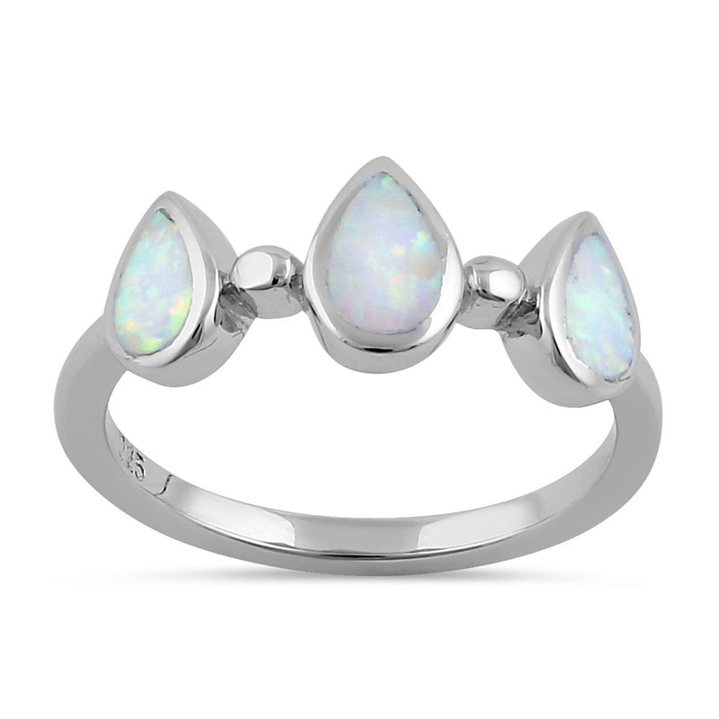 Sterling Silver White Lab Opal Pear Dropletes Ring