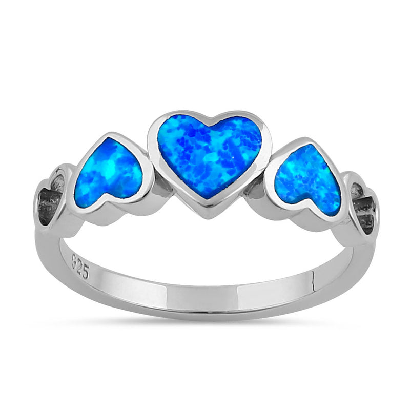 Sterling Silver Blue Lab Opal Sequence of Hearts Ring