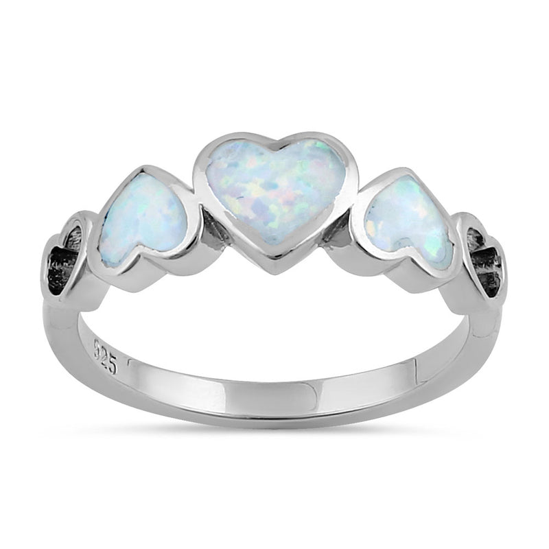 Sterling Silver White Lab Opal Sequence of Hearts Ring