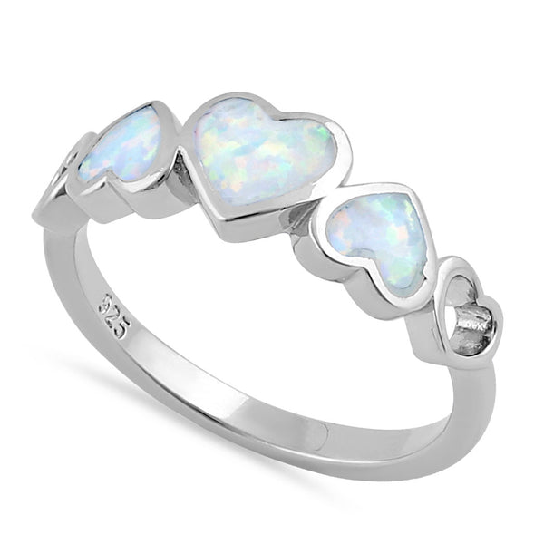 Sterling Silver White Lab Opal Sequence of Hearts Ring