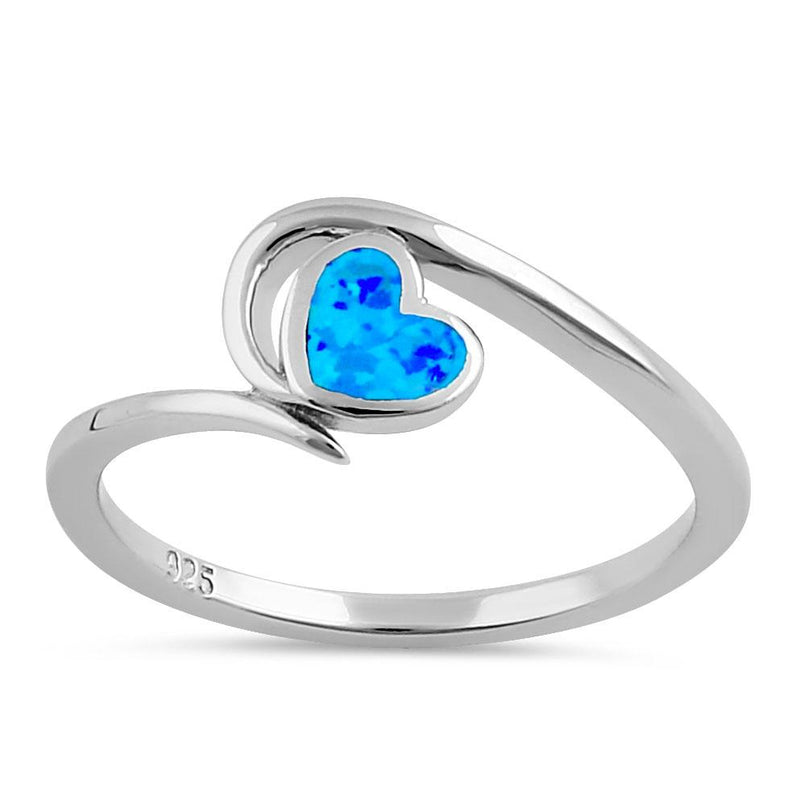 Sterling Silver Blue Lab Opal  Heart in Wave Ring