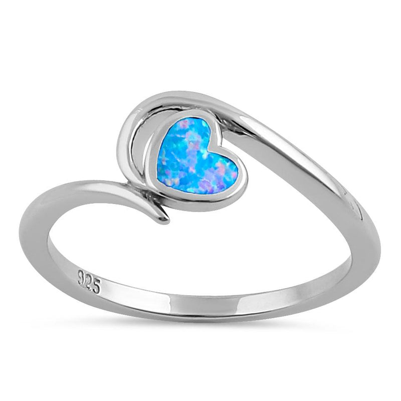Sterling Silver Blue Lavender Lab Opal  Heart in Wave Ring