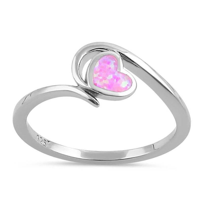 Sterling Silver Pink Lab Opal  Heart in Wave Ring