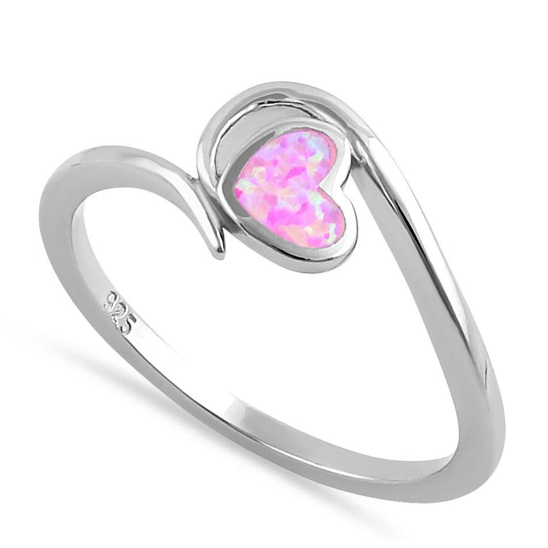 Sterling Silver Pink Lab Opal  Heart in Wave Ring